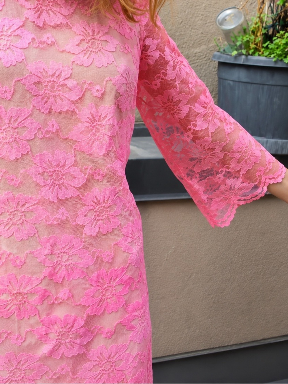 Vintage 60s Hot Pink Floral Lace Shift Mini Dress Sheer Bell Sleeve Slip XS / S - Picture 5 of 17